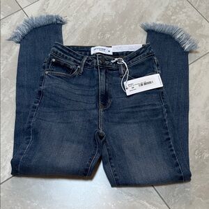 Dark Blue Cropped Jeans with Frayed Hem by JUST BLACK DENIM